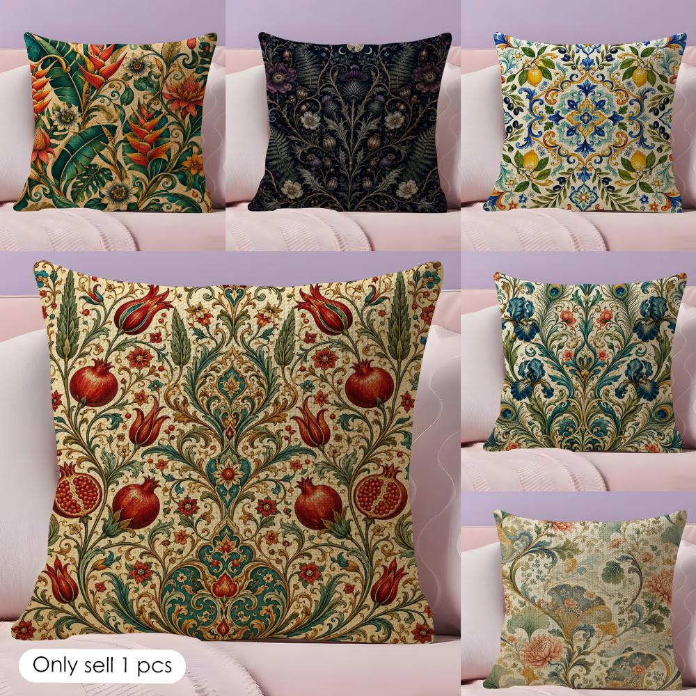 Retro Bohemian Flowers Pattern Cushion Cover Durable Hypoallergenic Organic Linen Short Pillow Cover Washable