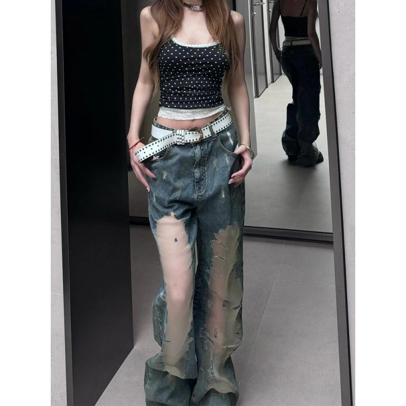 Jeans a vita alta strappati lavaggio retrò Spice Girl americana design estivo per bambini texture con texture vuota estesa pantaloni lunghi a zampa