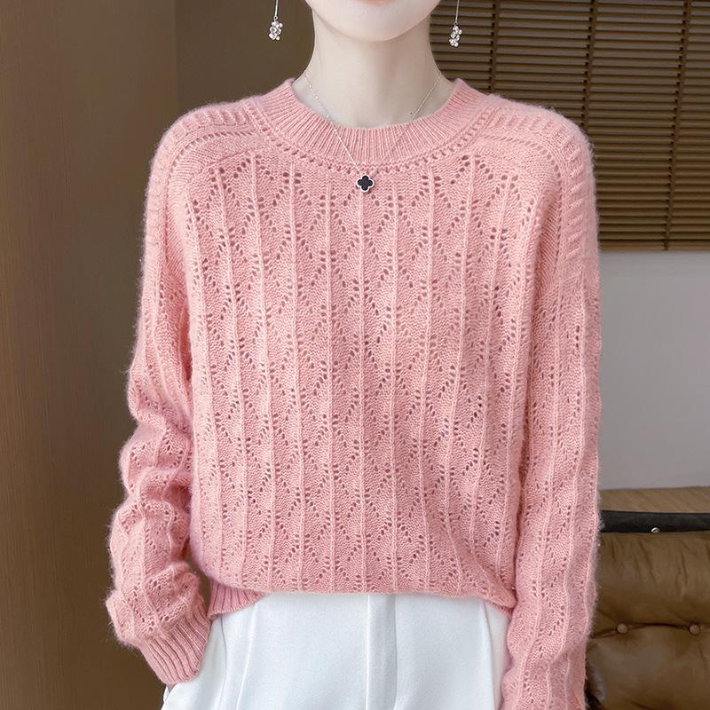 Women's Loose Wool Sweater - Half-High Neck, Diamond Cutout, Crocheted, 100% Pure Wool, Long Sleeve Knit