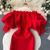 Elegant Sexy High Waist Lace Ruffle Slash Neck Puff Sleeve Dress Vacation Vestidos Slim Women Party Ceremonial Trumpet Dress