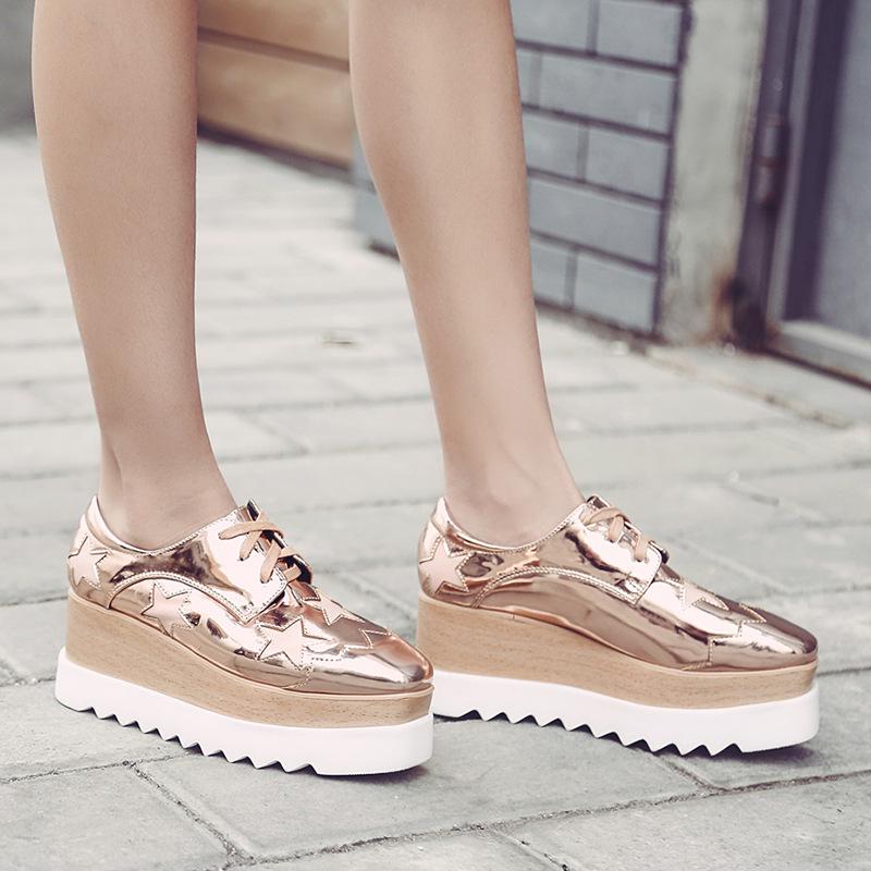 2025 Star Shoes Platform Muffin Shoes Patent Leather  Square Head Slope Heel Single Shoes Women's Casual British Versatile HZB