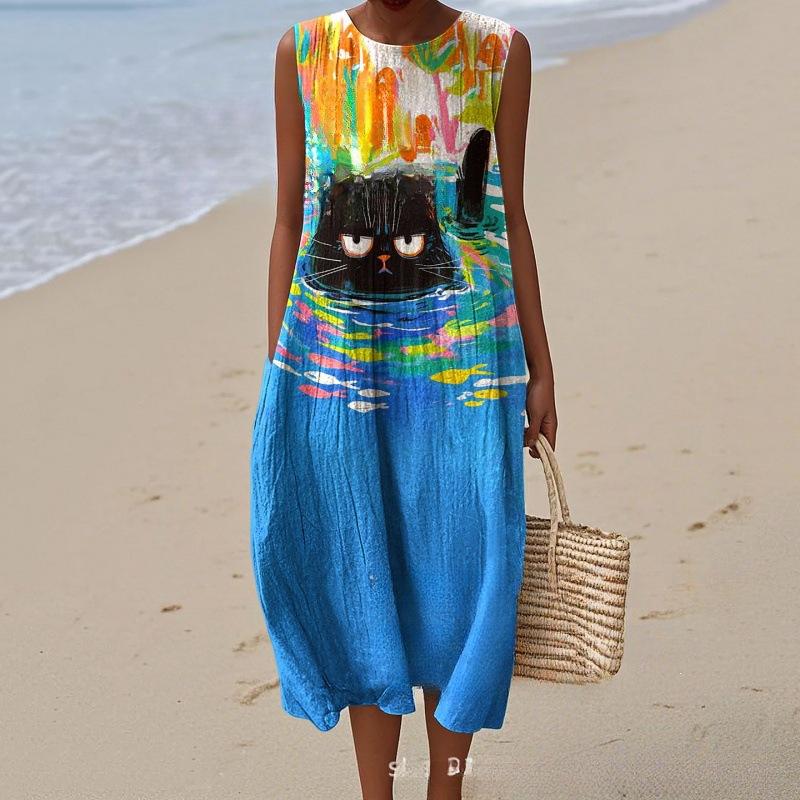 European and American New Summer Flower Ocean Printing European Size Round Neck Sleeveless Long Dress Creative Loose Dress