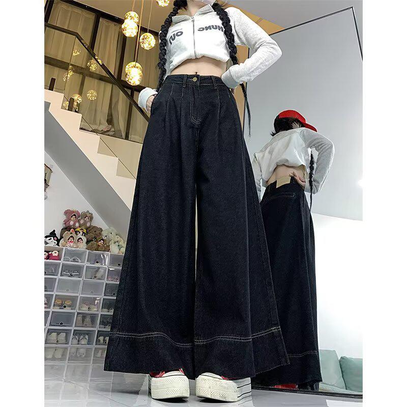 

2025 Plus Size Black High Waist Wide Leg Jeans for Women L: 155-165cm, 50-54kg