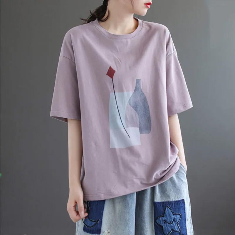 T-shirt for Women Summer Cotton Pullover Shirt Soft Loose Printed Casual Comfortable Short-sleeved Top
