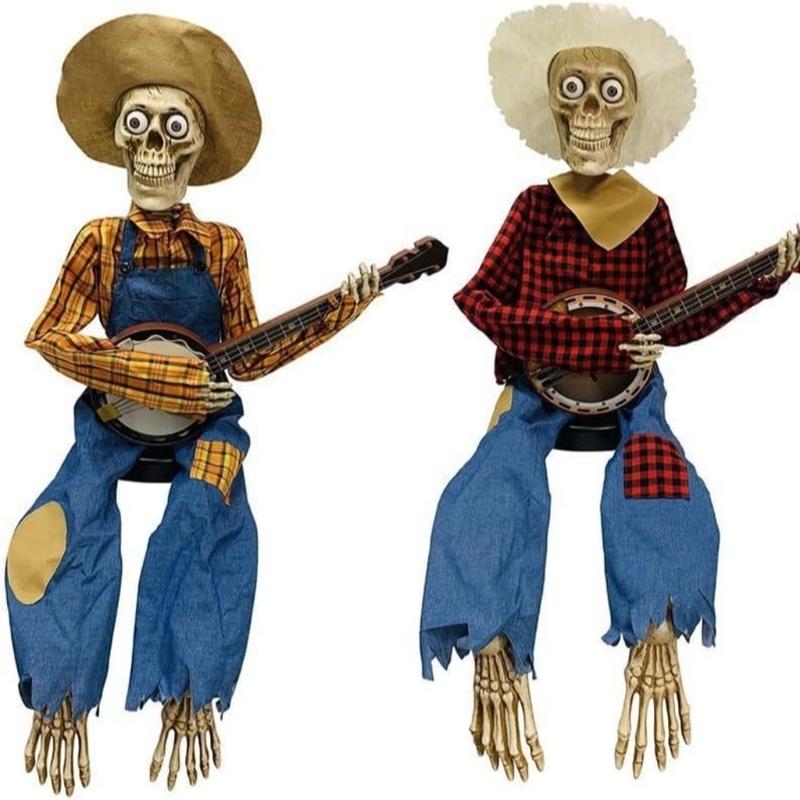 Halloween Banjo Playing Skeletons Decorations Outdoor/Indoor Halloween Party Decors Animated Skull with Light Up eye