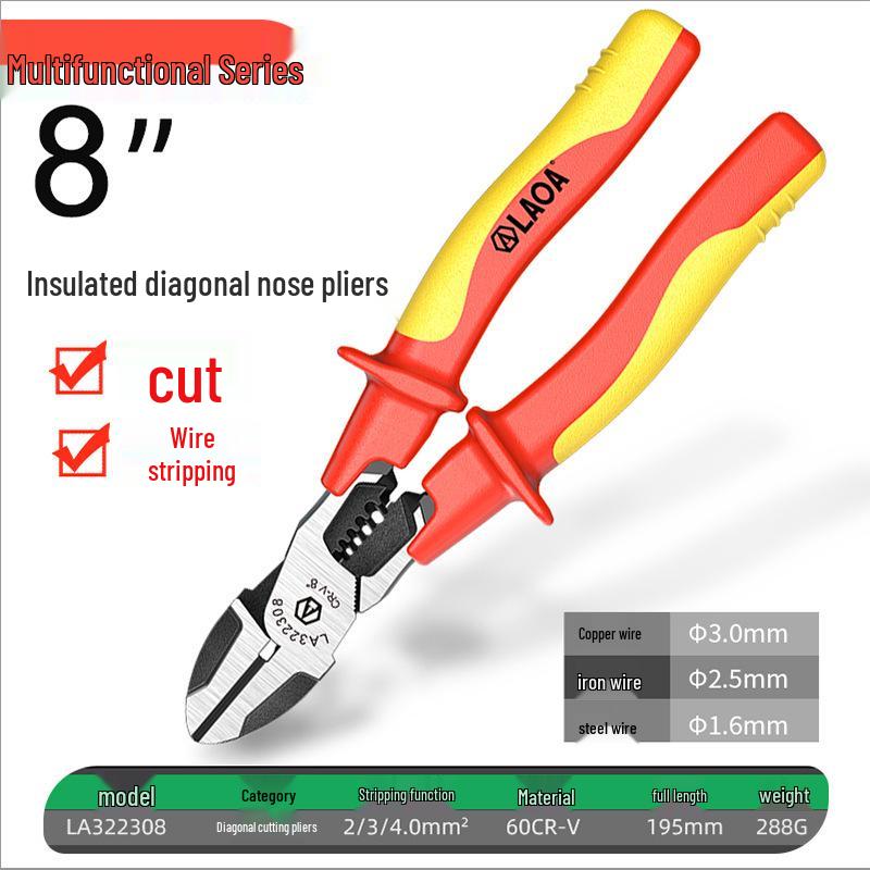 High Voltage Insulated Needle-Nose Electrician Pliers, 1000V, for Cutting, Crimping, Stripping, Angled Use.