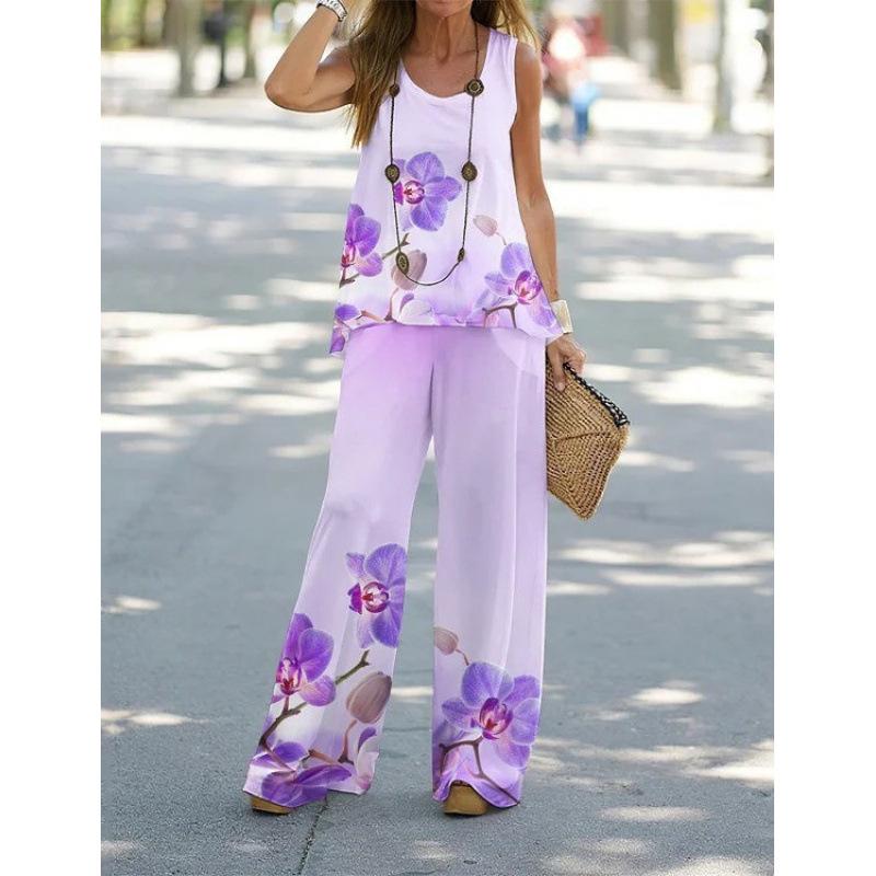 Damen-Freizeit-Zweiteiler mit Print, Weste mit elastischer Taille und Hose, Damenanzug.
