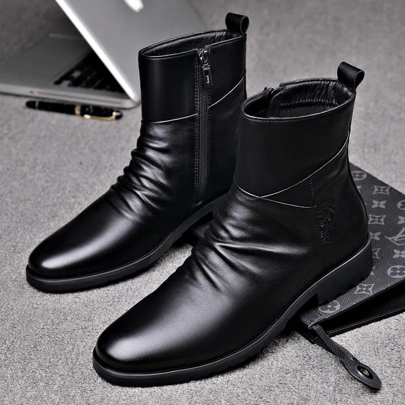 Genuine Leather Men Boots High Quality Cowhide Leather Boots Fashion High Top Motorcycle Boot Men'S Business Casual Dress Boots