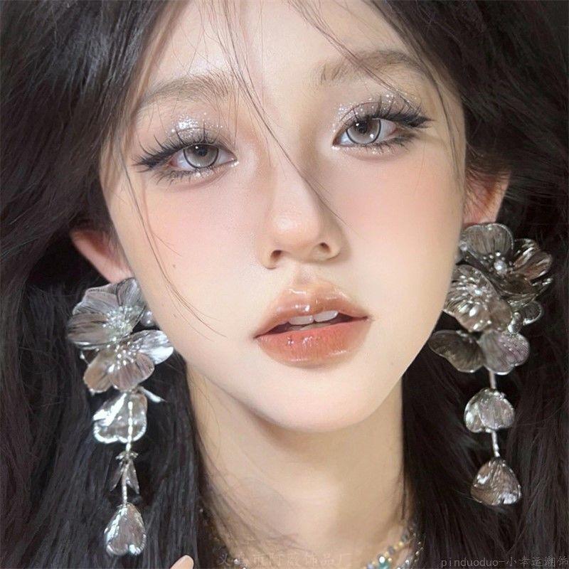 Rose petal earrings exaggerated fashion long fringed earrings women's high-end temperament versatile earrings
