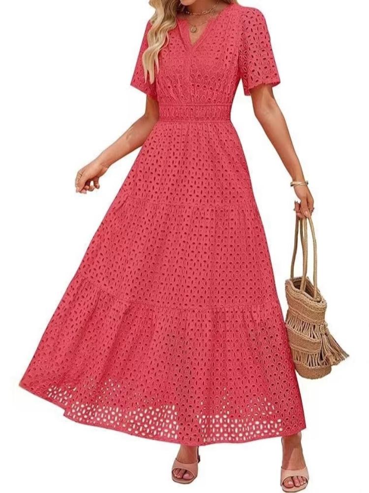 

Женское платье макси с V-образным вырезом, кружевными короткими рукавами и расклешенным подолом, доступно в нескольких цветах XXL красный