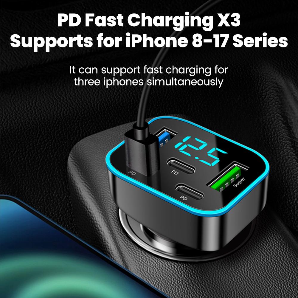 5 Ports Car Charger Fast Charging 2USB+3Type C Car Lighter PD QC3.0 Car Phone Charger For iPhone Samsung Huawei Xiaomi