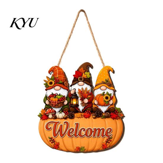 Thanksgiving Holiday Decoration Autumn Pumpkin Gnome Welcome Sign for Front Door, Rustic Wood Hanging Festive Harvest Festival Decor Ornament