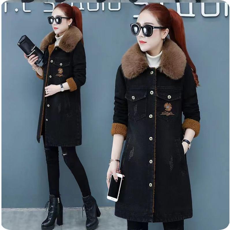 Denim Plus Velvet Jacket Women's Winter Big Fur Collar Mid-length Lamb Fleece Stitching Cotton-padded Jacket Thick Cotton-padded Jacket Women