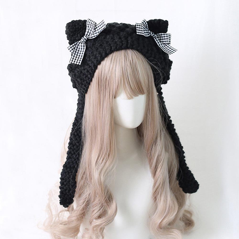 Fashion Cartoon Knitted Cat Ear Hat Ear Protection Casual Crochet Wool Hat Cute With Bow Photo Props Cap Outdoor