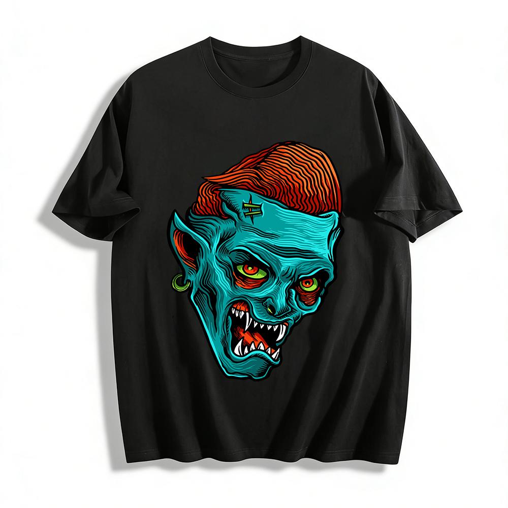 Dark Punk Style Fanged Monster Print Cool Trendy Short Sleeve T-Shirt Pure cotton T-shirt XXS
