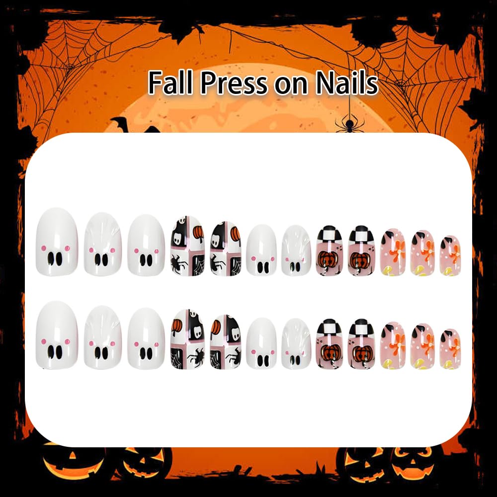 24Pcs Halloween Press on Nails Short Oval Fake Nails with Ghost Pumpkin Design Almond Cute Halloween Nails Press ons Gel Acrylic Glue on Nails