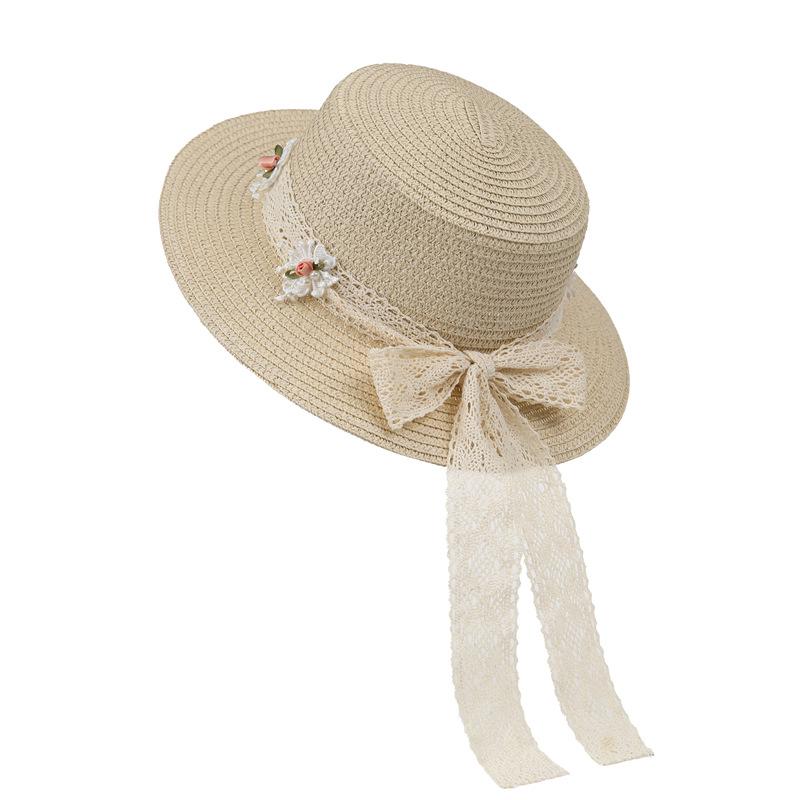Bow Flat Top Straw Hat Women'S Summer Flower Lace French Top Hat Seaside Sunshade Sunscreen Straw Hat
