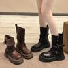 Damenstiefel Herbst Neue Mode Retro Runde Spitze Plateau Schnalle Weibliche Knöchelhohe Stiefel Synthetisches Leder Outdoor Anti-Rutsch Botas Mujer