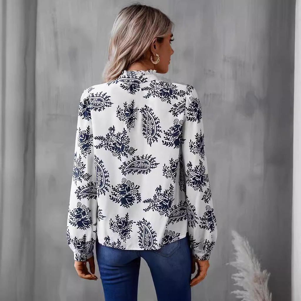 2026 Floral Print Women's Shirt: Elegant Stand Collar, Casual Fashion for Spring/Autumn.