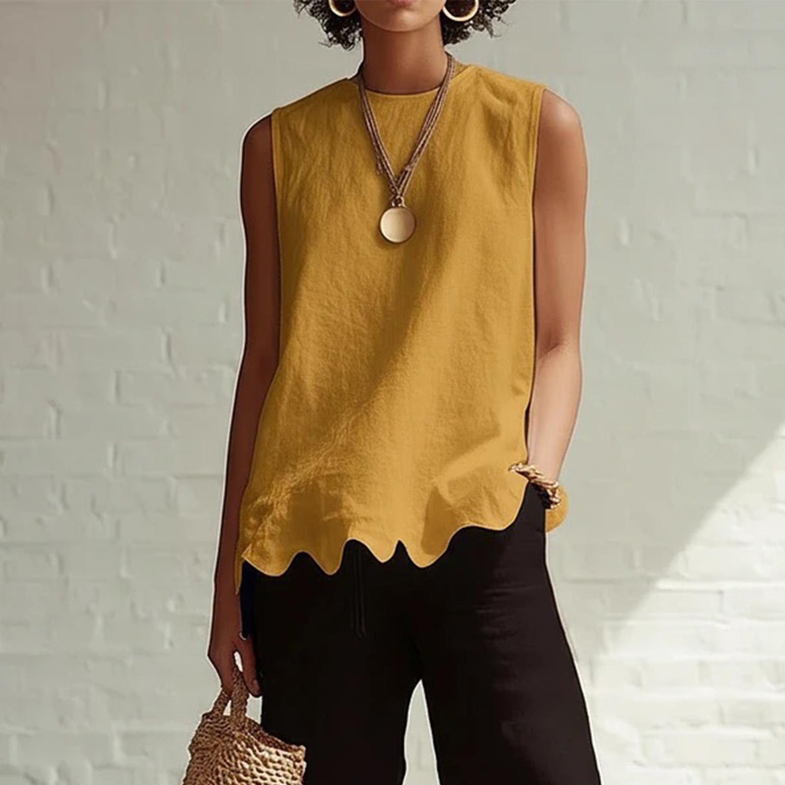 

Ladies Casual Round Neck Sleeveless Elegant Minimalist Hem Shirt XL жовтий