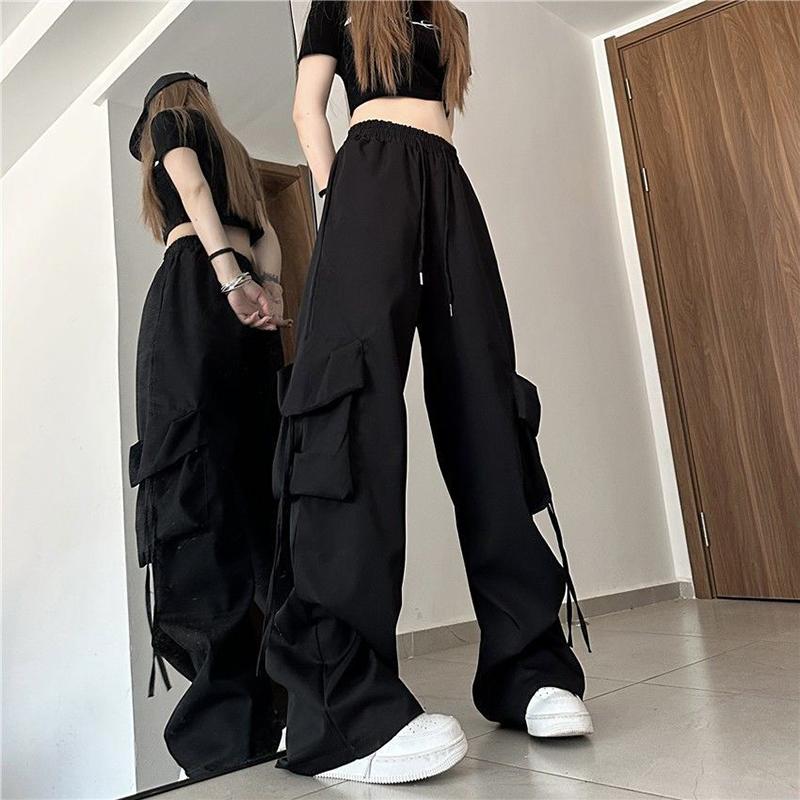 Zoki Cargo kalhoty dámské Y2k Streetwear Hip Hop Volné ležérní kalhoty Americký vysoký pas Velké kapsy Šněrovací Módní dámské kalhoty