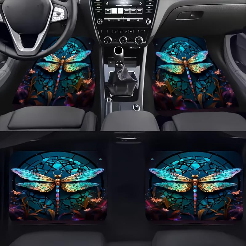 4pcs Dragonfly Pattern Printed Car Floor Mats - Universal Front And Rear Full Coverage Interior Decoration Additions, Suitable for Sedans, Vans