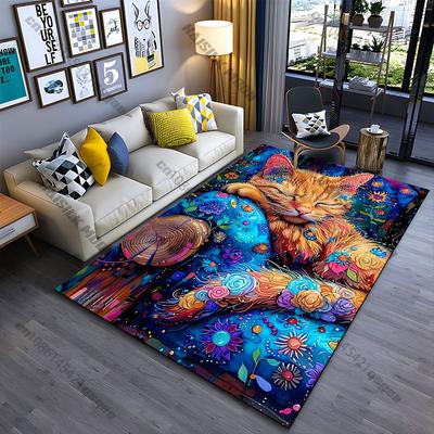Colorful Peaceful Cat Surrounded Flowers Carpet Yoga Living Room Room Decor Children's Crawling Mat Doormat Area Rug