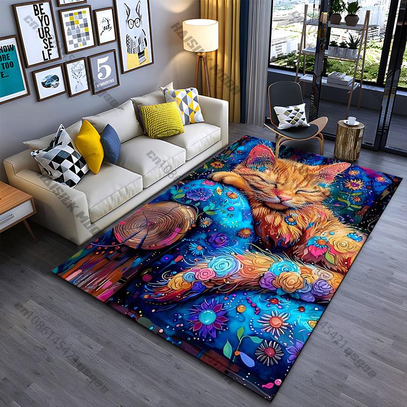 Colorful peaceful cat surrounded flowers carpet Yoga living room room decor children's crawling mat doormat area rug