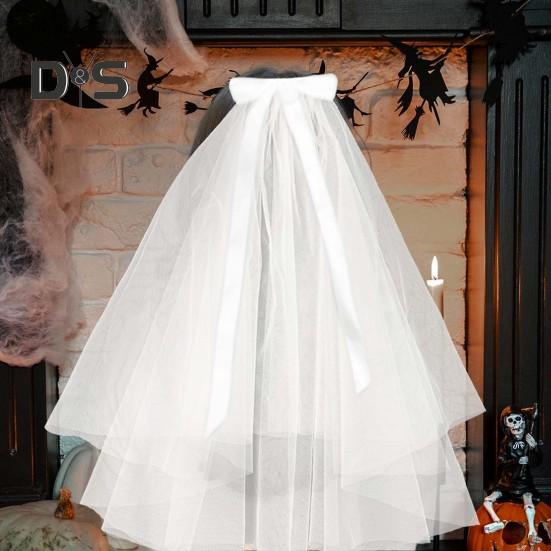 Halloween Veil Double-Layered Ribbon Bow Decoration Soft Mesh Veil Wedding Halloween Cosplay Photography Accessories