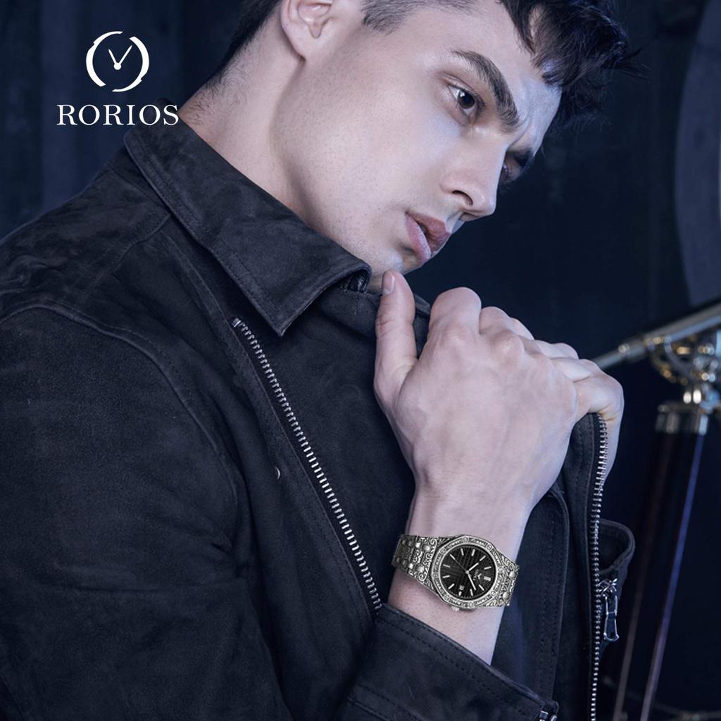 RORIOS Men's Stylish Watch with Engraving, Classic Retro Style, Date Display, Water Resistant, Stainless Steel Band, Quartz Movement, Analog,