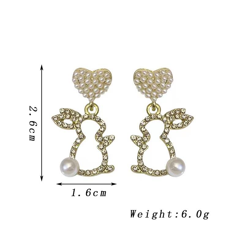 Cute Hollow Rabbit Drop Earrings for Women Crystal Imitation Pearl Heart Dangle Earrings Party Sweet Girls Gift Animal Jewelry