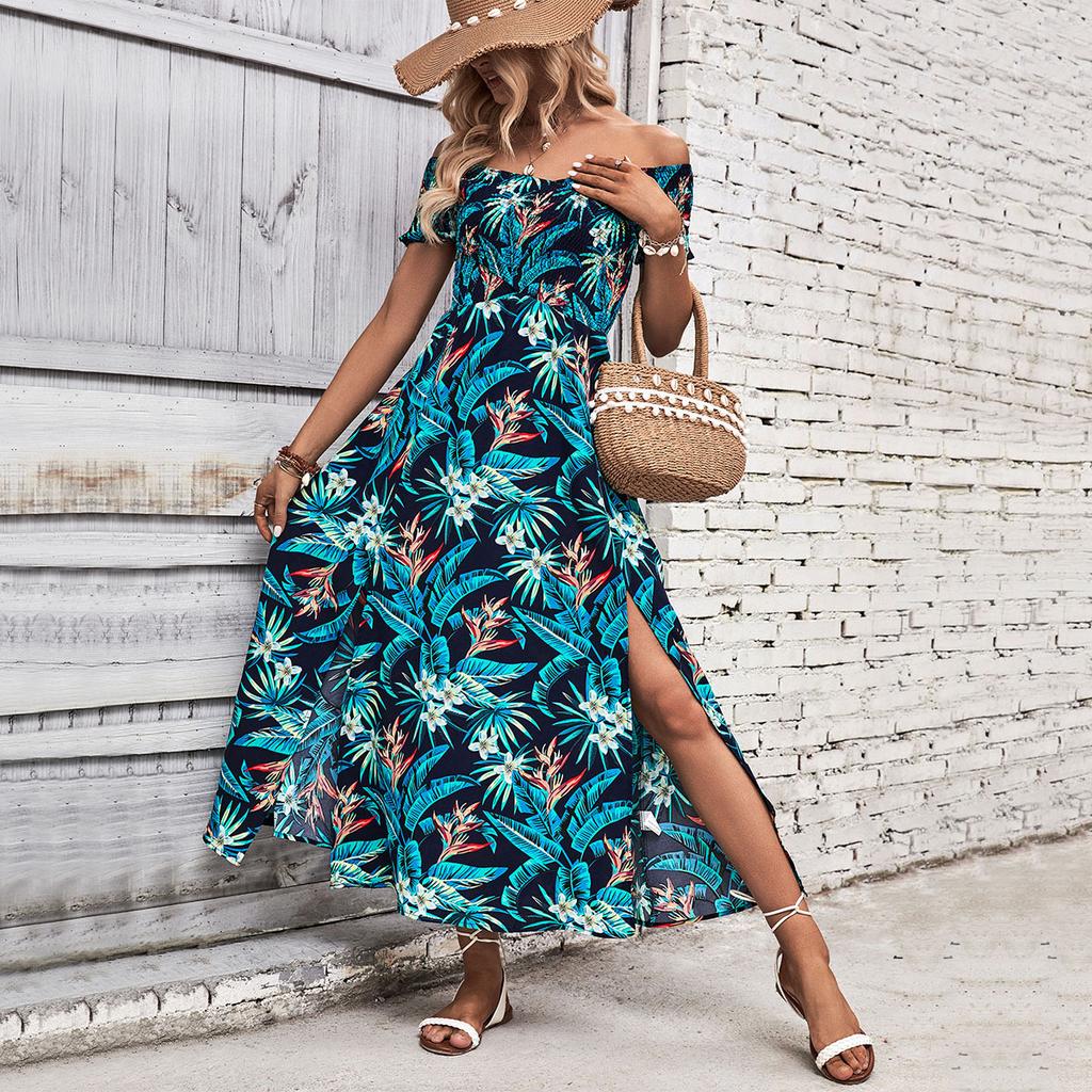 Summer hot seaside vacation tropical floral print dress