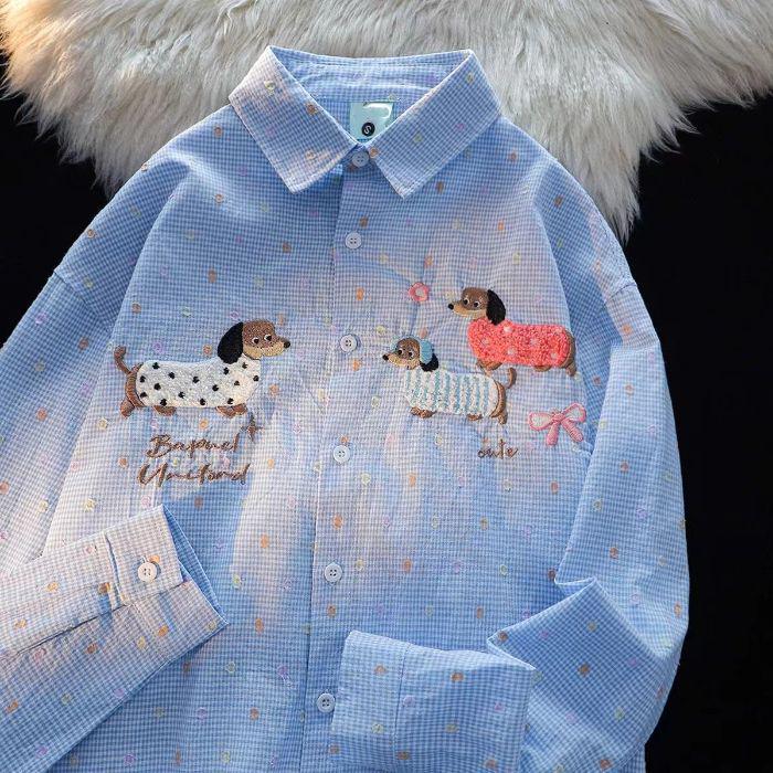 

Жіноча сорочка з довгим рукавом у японському стилі з вишивкою цуценяти - Солодка та тонка для осені, весни та літнього захисту від сонця XL синій