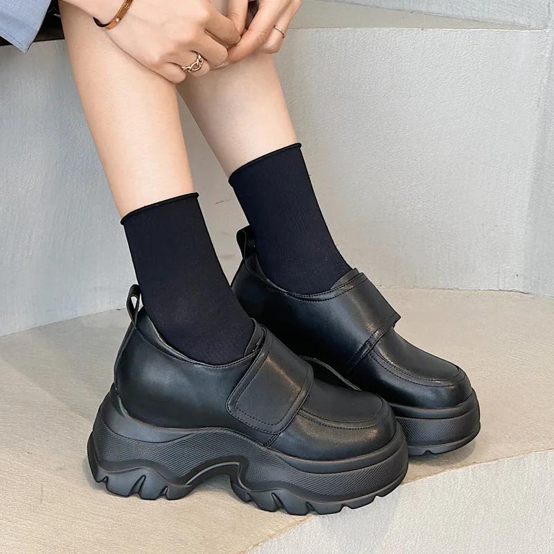 Fashion 9.5cm Genuine Leather Women Platform Wedge Pumps Flats Luxury Mary Jane Pils Mules Boots Hook Spring Autumn Spring Shoes