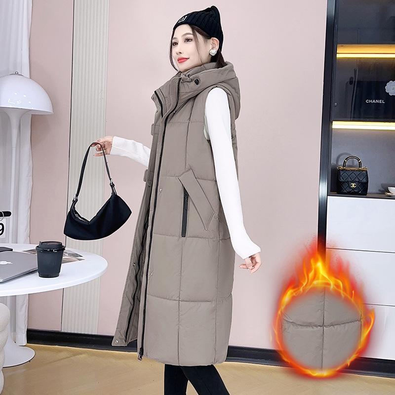 

Large size long knee down cotton vest thickened cotton coat hooded autumn and winter sleeveless thick vest women s clothing XXXL хаки