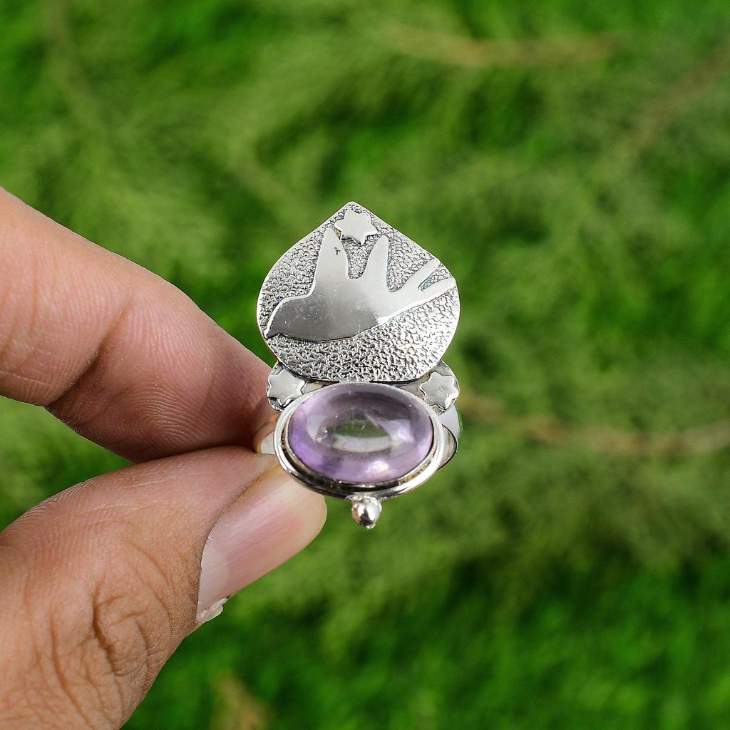 Gift For Her Natural African Amethyst Solitaire Bird Adjustable Ring 925 Silver