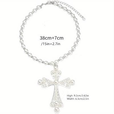 Gothic Cross Necklace Layered Pearl Bead Cross Pendant Necklace Punk Retro Cross Necklace Women's Thick Cross Necklace