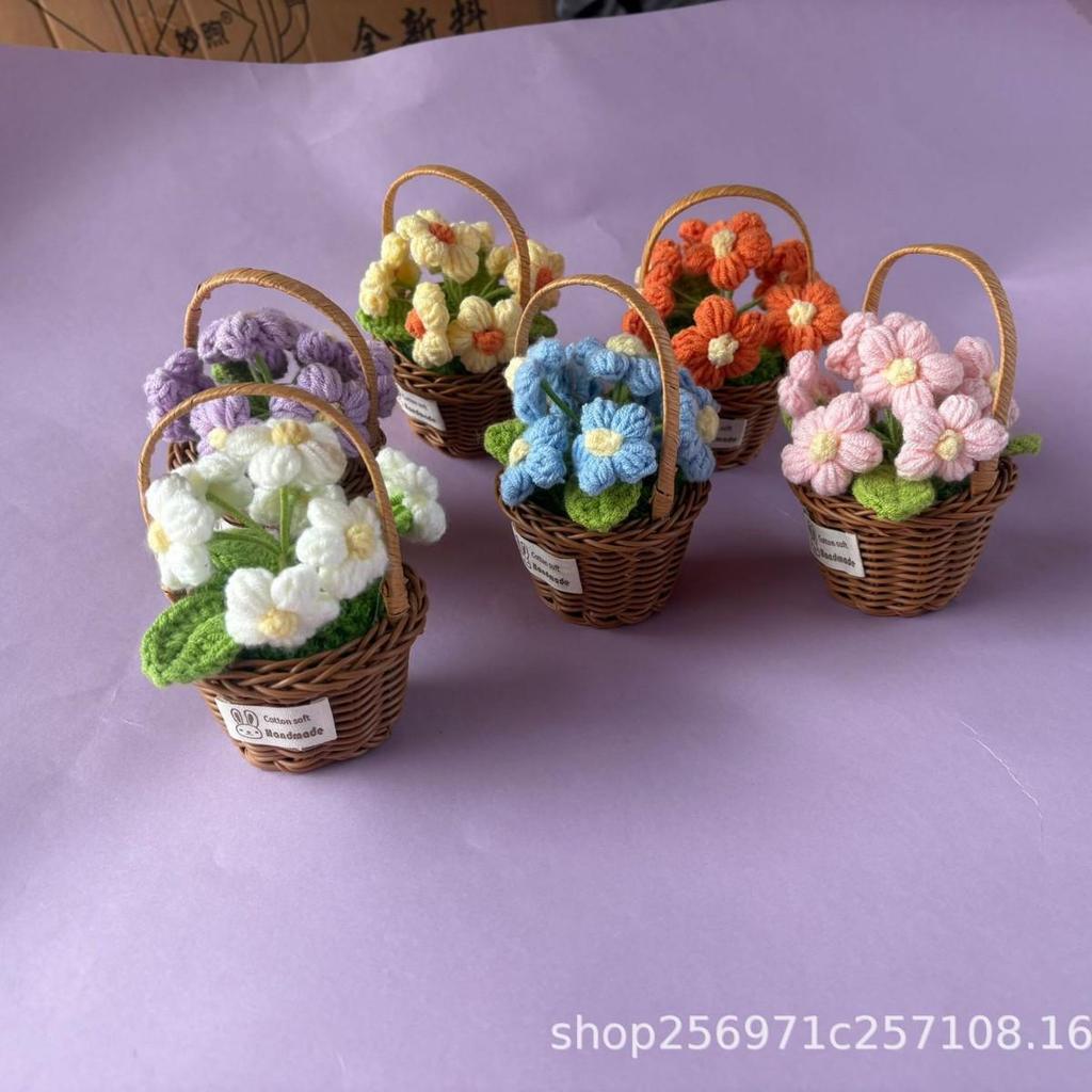 Blue Crochet Puff Flower Desk Ornament: Knitted Potted Plant Decoration