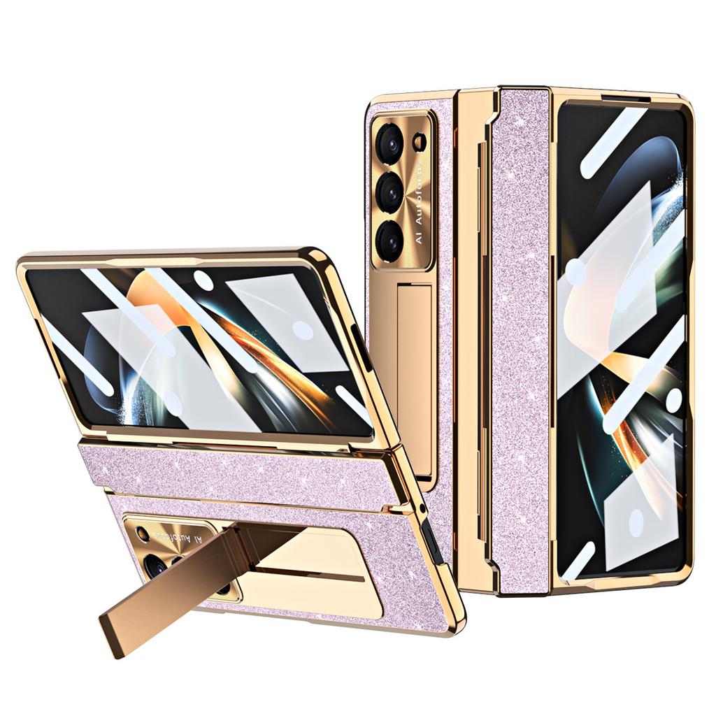 Luxury 5 PC Fold Cover for Samsung for Galaxy Z Fold 5 Full Glass Material Electroplated Film Phone Stand Included Phone Case