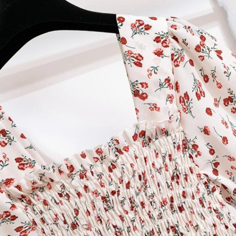 Women's Floral Print Chiffon Dress Casual Summer Autumn Short Sleeve Elastic Waist A-Line Midi Dress Fashion