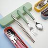 Stainless steel portable tableware set, plastic handle travel portable three-piece set, student canteen spoon fork chopsticks