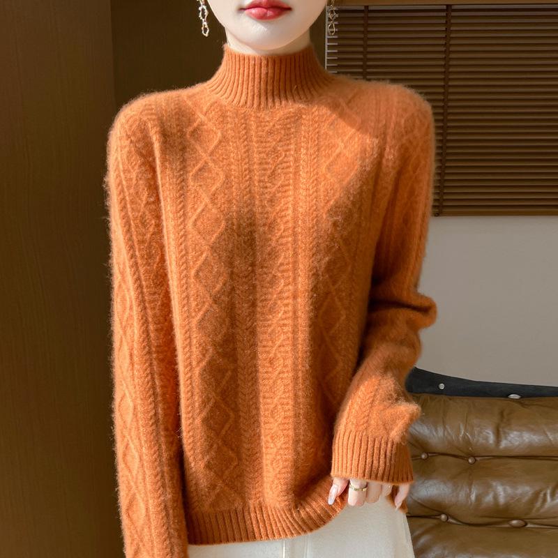 Women's High-Neck Diamond Pattern Knit Pullover Sweater, 2024 Autumn/Winter, Loose Fit, Thickened Short Base Layer