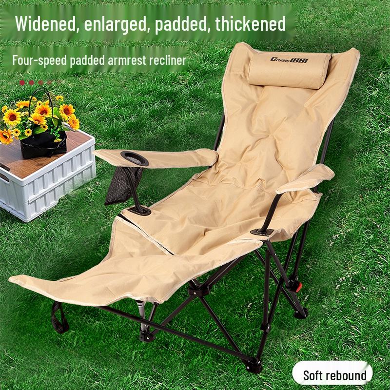 Enhanced Padded Folding Outdoor Lounge Chair with 4-Position Adjustment, Portable Camping Beach Chair Khaki Padded Armchair