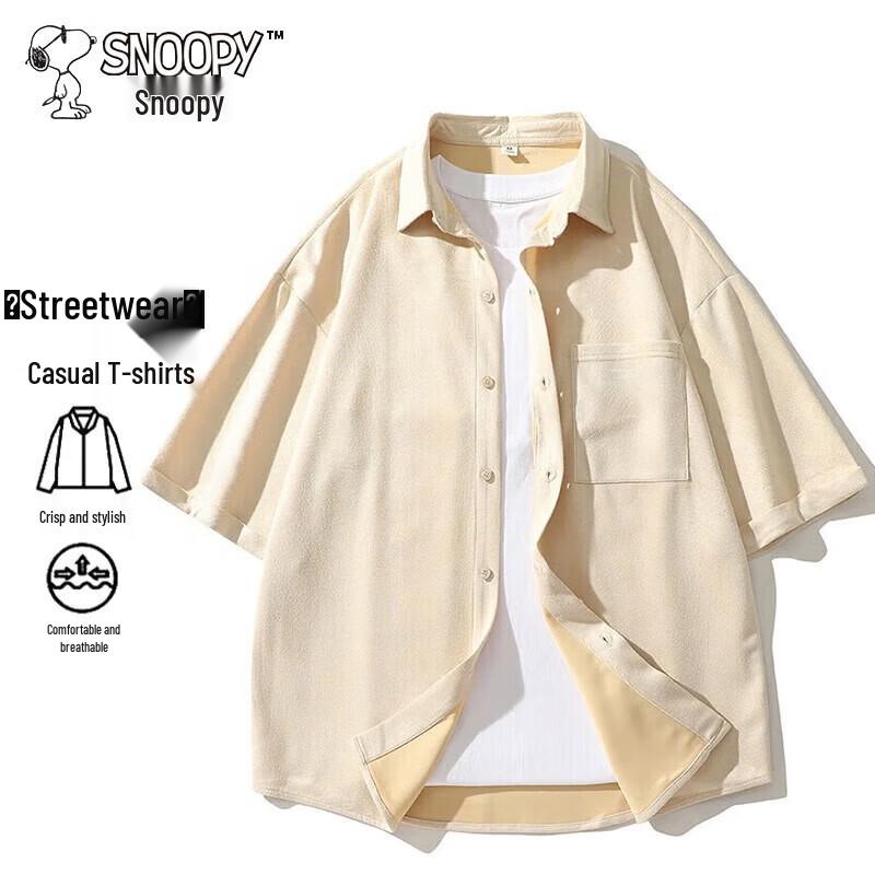 Snoopy Men's Casual Short-Sleeve Suede-Feel Lapel Shirt