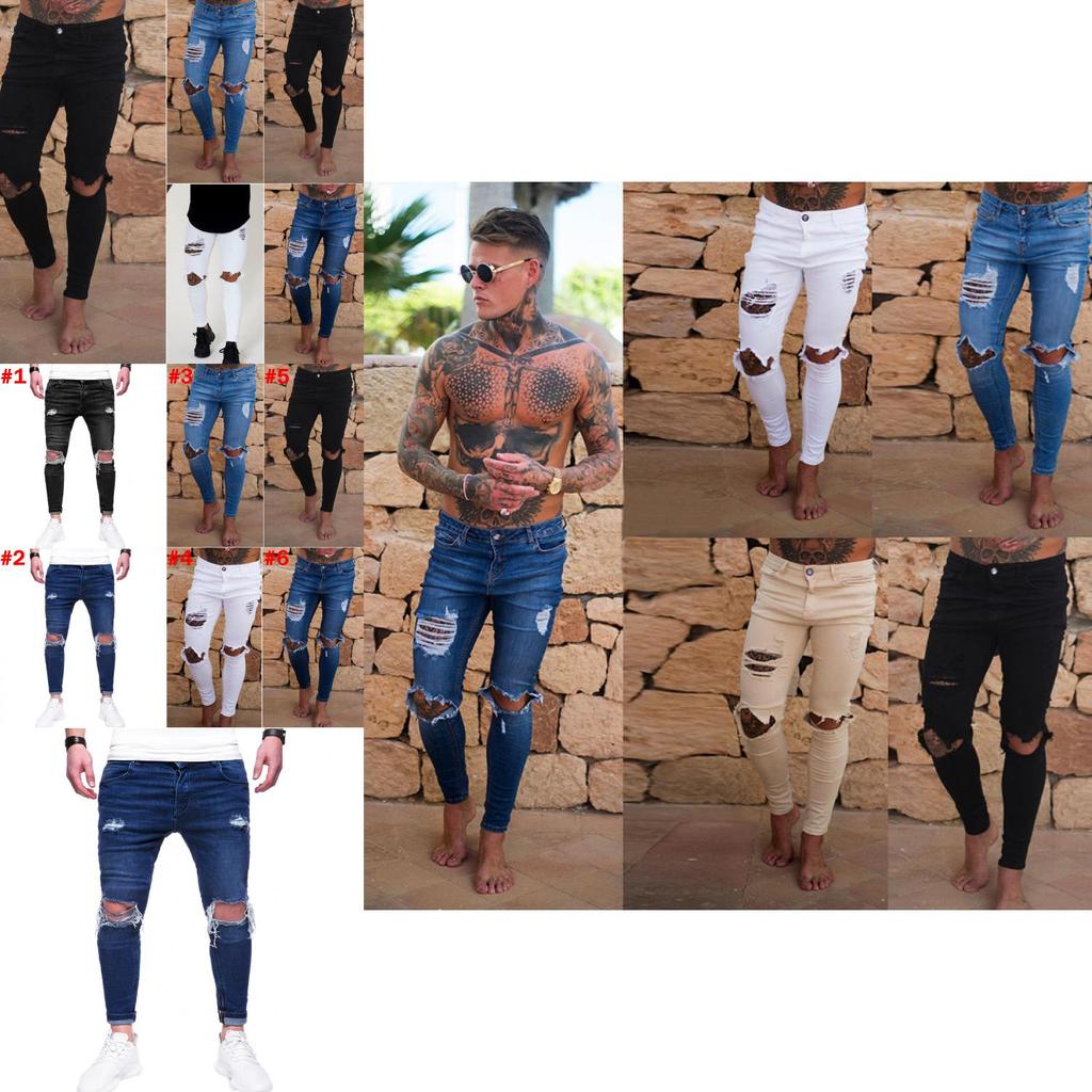 Premium Quality Slim Destroyed Stretchy Ripped Skinny Biker Jeans For Men Taped Fit Denim Pants
