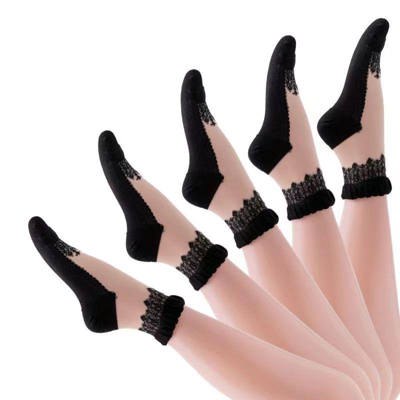 Women's Lace-Trim Breathable Non-Slip Cotton Stockings