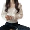 Women's Fashionable Square Neck Knitted Top - Spring/Autumn Design, Short, Versatile, with Bubble Sleeves and a Faux Two-Piece Look.