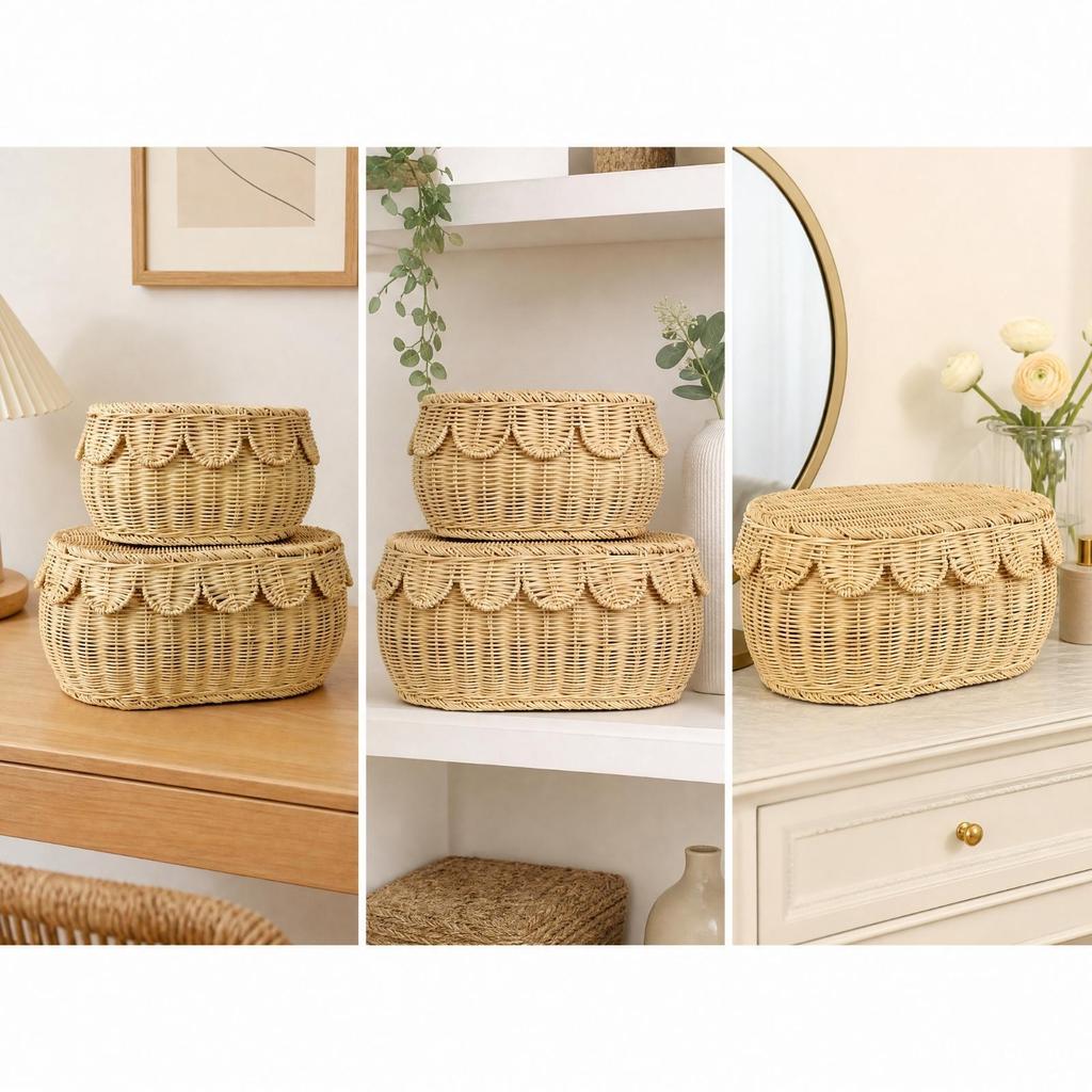Rattan Storage Basket with Woven Lid Textured Desktop Organizer for Household