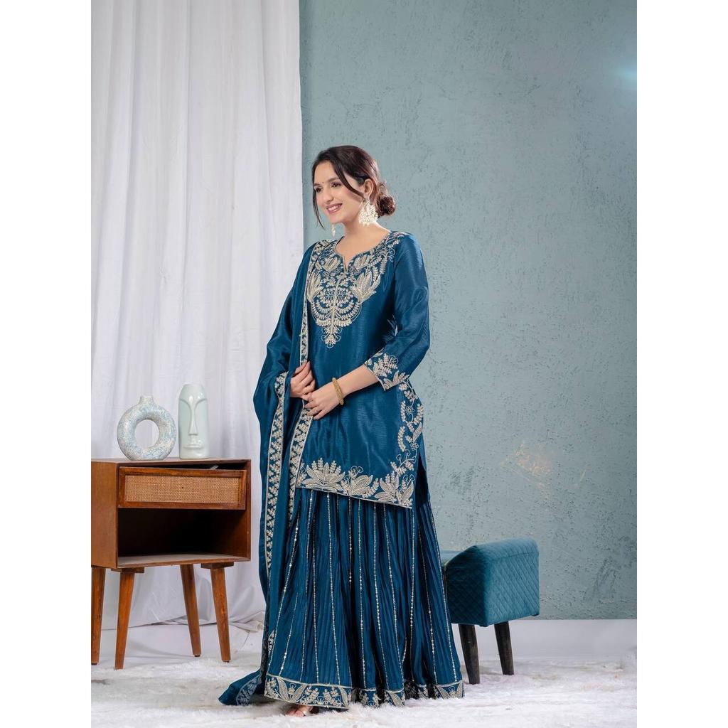 INDIAN PAKISTANI CHINNON SILK SHARARA SALWAR KAMEEZ SET WOMEN PARTY WEAR ETHNIC VFP-1886a