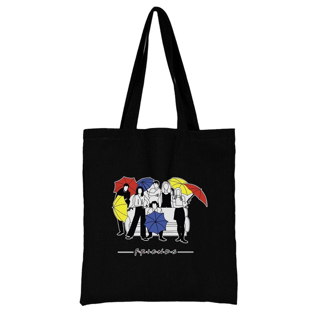 

Женская сумка для покупок многоразовая повседневная черная на плечо с принтом «Друзья» холщовая для поездок портативная большой вместимости 24*26cm